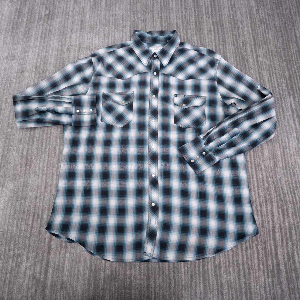 Wrangler Wrancher Shirt Mens XL Blue Plaid Good Pearl Snap Western Long Sleeve